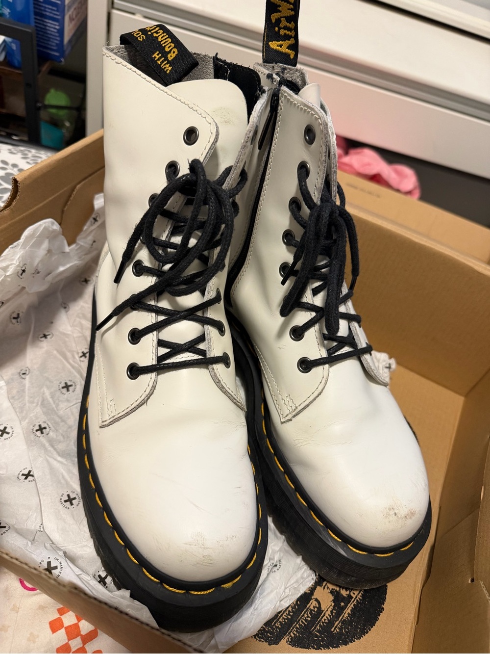 Dr. Martens White Leather Lace-Up Platform Boots with Yellow Stitching